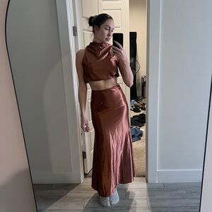 Satin Copper High-Waist Maxi Skirt - Women